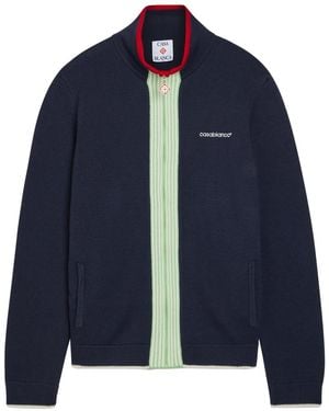 CASABLANCA Logo-Embroidered Fine-Knit Wool Track Jacket - Blue