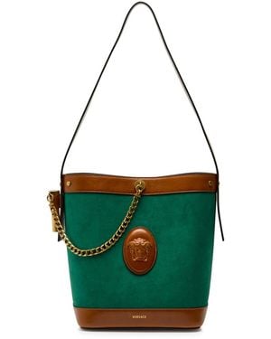 Versace Chain Small Leather And Suede Bucket Bag - Green