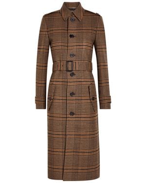 Saint Laurent Houndstooth Belted Wool Coat - Brown