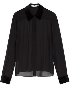 Alice + Olivia Willa Velvet-Trim Semi-Sheer Chiffon Shirt - Black