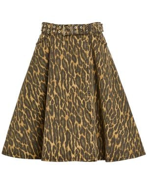 Ganni Belted Leopard-Print Stretch-Denim Midi Wrap Skirt - Natural
