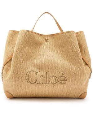 Chloé Clover Medium Logo-Embroidered Raffia Tote - Natural