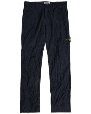Stone Island Logo Crinkled Tapered-Leg Corduroy Trousers - Blue