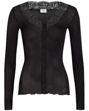Saint Laurent Lace-Trim Ribbed Silk Cardigan - Black