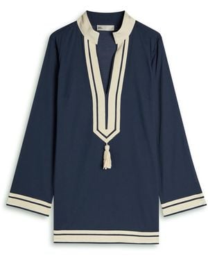 Tory Burch Herringbone-Trimmed Cotton Tunic - Blue