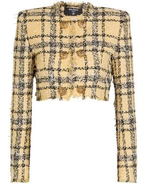 Balmain Checked Tweed Cropped Jacket - Yellow