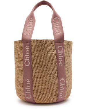 Chloé Woody Large Logo-Embroidered Raffia Basket Bag - Brown