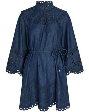 Zimmermann Mohon Broderie Anglaise Denim Mini Dress - Blue