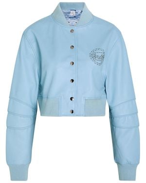 AN-Y1 Queen Stud-Embellished Leather Cropped Bomber Jacket - Blue