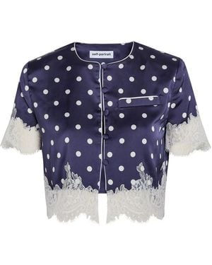 Self-Portrait Polka Dot Lace-Trim Satin Top - Blue