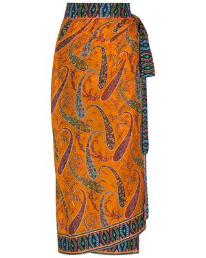Etro Paisley-Print Cotton Midi Wrap Sarong Skirt - Orange