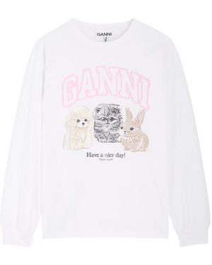 Ganni Animals Printed Cotton T-Shirt - White