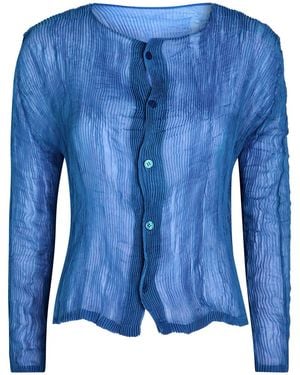 Issey Miyake Uni-Form Pleated Sheer Chiffon Blouse - Blue