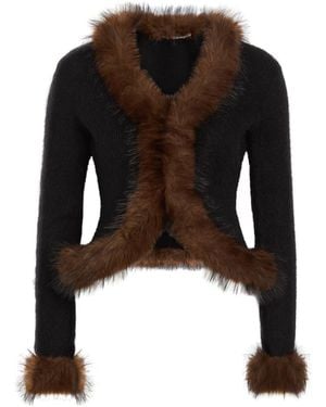Self-Portrait Faux Fur-Trim Knit Cardigan - Black