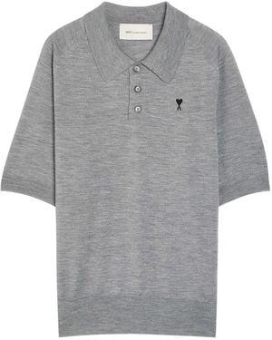 Ami Paris Logo-Embroidered Wool Polo Shirt - Grey