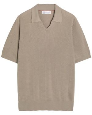 Brunello Cucinelli Ribbed Cotton-Knit Polo Top - Natural