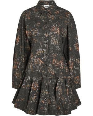 Ganni Printed Stretch-Cotton Mini Shirt Dress - Grey