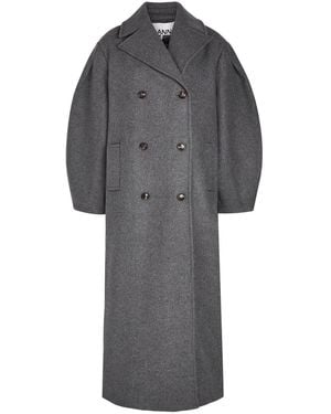 Ganni Double-Breasted Wool-Blend Peacoat - Grey
