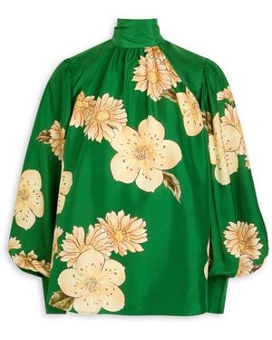 ALÉMAIS Sage Floral-Print Silk Blouse - Green