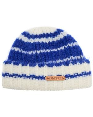 JW Anderson Striped Brushed Alpaca-Blend Beanie - Blue