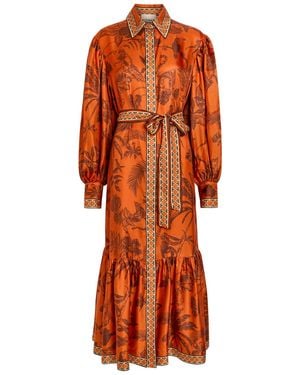 ALÉMAIS Monkey Dance Printed Silk Midi Shirt Dress - Orange