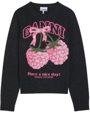 Ganni Logo-Intarsia Wool-Blend Sweater - Gray