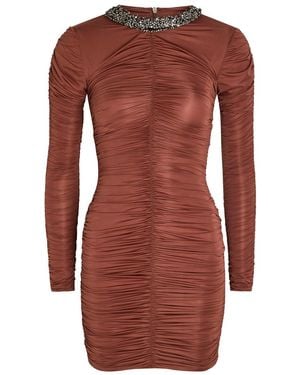 The New Arrivals Ilkyaz Ozel Ross Embellished Ruched Stretch-Jersey Mini Dress - Brown