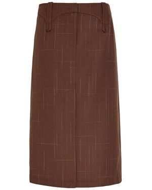 Tory Burch Subtle-Check Wool-Blend Midi Skirt - Brown