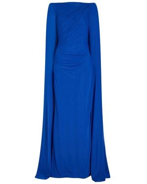 Talbot Runhof Cape-Effect Draped Stretch-Tulle Gown - Blue