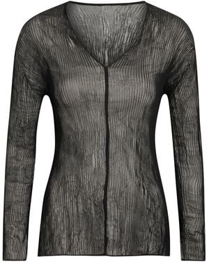 Issey Miyake Twist V-Neck Semi-Sheer Chiffon Top - Black