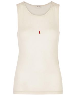 Saint Laurent Logo-embroidered Ribbed Wool Tank - Natural
