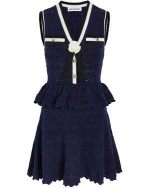 Self-Portrait Peplum Pointelle-Knit Mini Dress - Blue