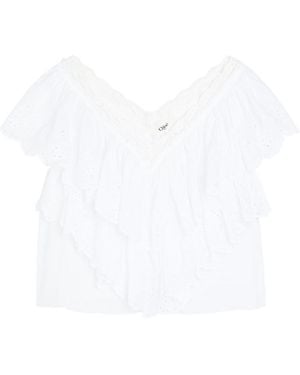 Chloé Embroidered Ruffled Cropped Cotton Top - White