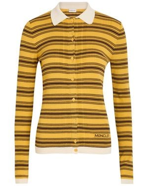 Moncler Striped Ribbed Cotton-Knit Polo Top - Yellow