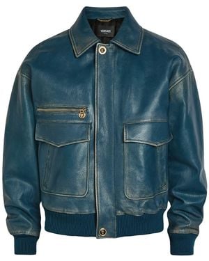 Versace Logo-Embossed Distressed Leather Jacket - Blue
