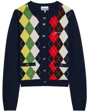 Ganni Argyle Wool And Cashmere-Blend Cardigan - Blue