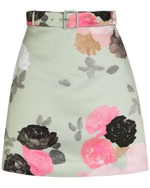 BERNADETTE Eva Belted Floral-Print Satin Skirt - Green