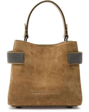 Brunello Cucinelli Mini Bead-Embellished Suede Top Handle Bag - Brown