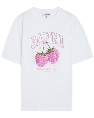 Ganni Printed Cotton T-Shirt - White