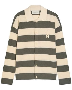 Ami Paris Logo-Appliquéd Striped Fine-Knit Cotton Shirt - White