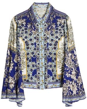 Alice + Olivia Willa Floral Flared-Sleeve Chiffon Blouse - Blue