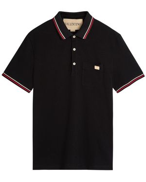 Valentino Garavani Striped Trims Cotton Polo Shirt - Black