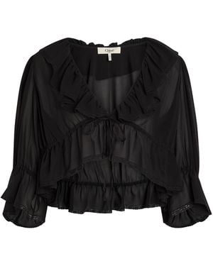 Chloé Ruffled Cropped Silk-Chiffon Top - Black