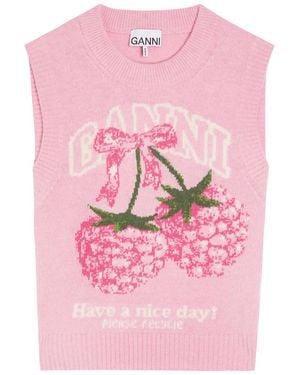 Ganni Logo-Intarsia Wool-Blend Vest - Pink