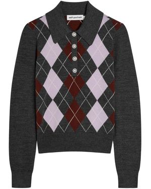 Self-Portrait Argyle Wool Polo Top - Black