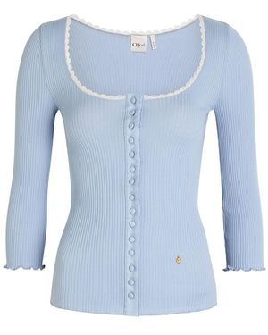 Chloé Ribbed-Knit Cotton Cardigan - Blue