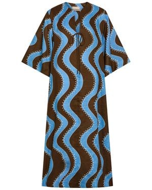 ALÉMAIS Frankie Wavy-Print Linen Midi Dress - Blue