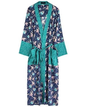 Jessica Russell Flint Pegasus Printed Stretch-Silk Robe - Blue