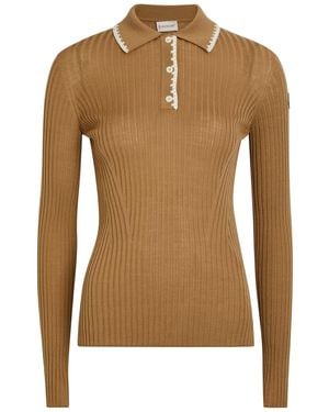 Moncler Ribbed Wool Polo Top - Brown