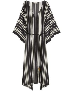 Tory Burch Striped Belted Cotton-Blend Kaftan Dress - Black
